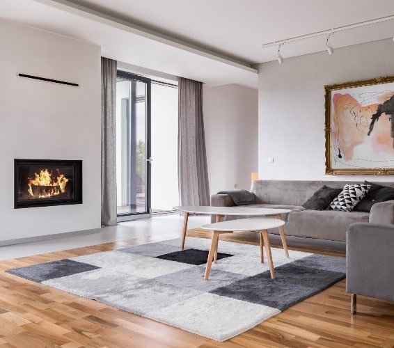 Interior shot of a living room with a fireplace